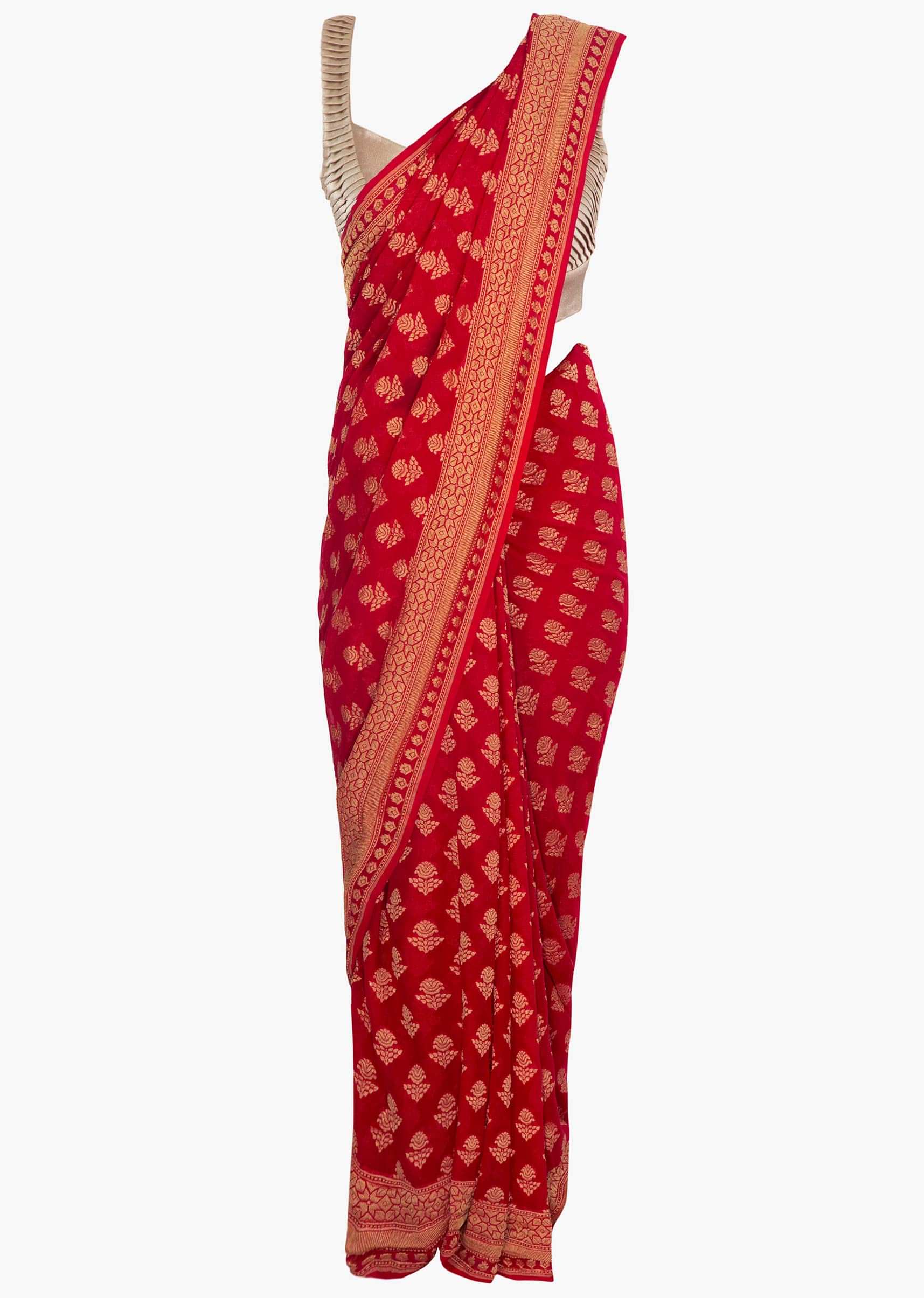 Red georgette saree in weaved floral butti and border