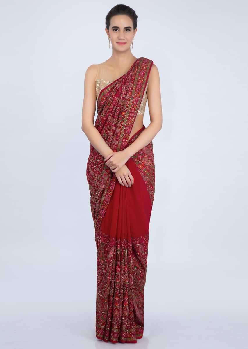 Red georgette saree with multi color embroidered pallo and lower bottom only on kalki