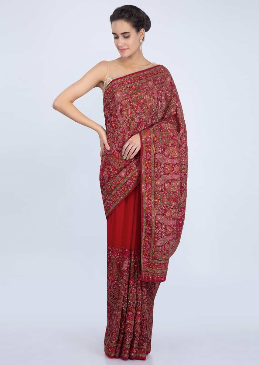 Red georgette saree with multi color embroidered pallo and lower bottom only on kalki