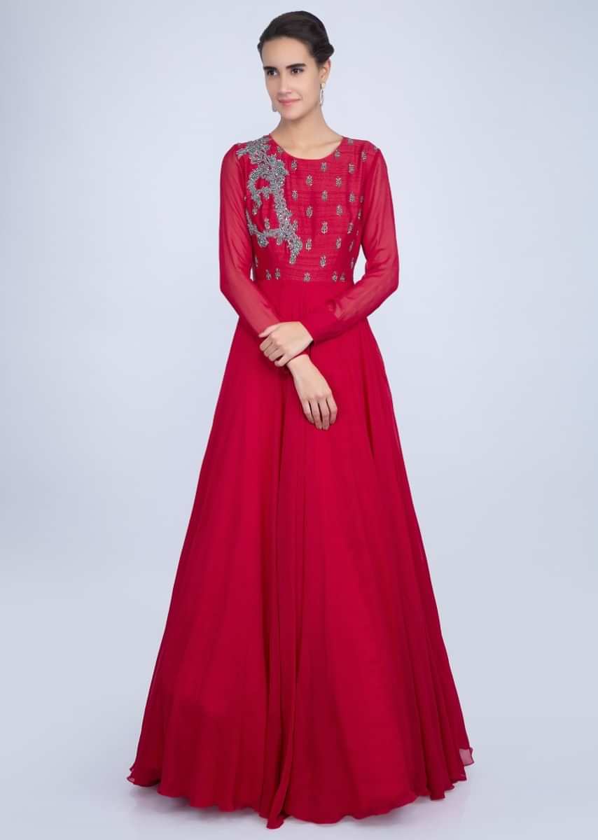Red Gown With An Embellished Belt And A Wrap Around In Frilled Layer Online - Kalki Fashion