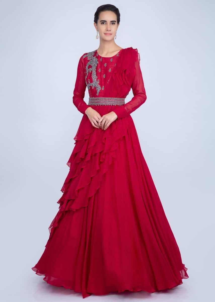 Red Gown With An Embellished Belt And A Wrap Around In Frilled Layer Online - Kalki Fashion