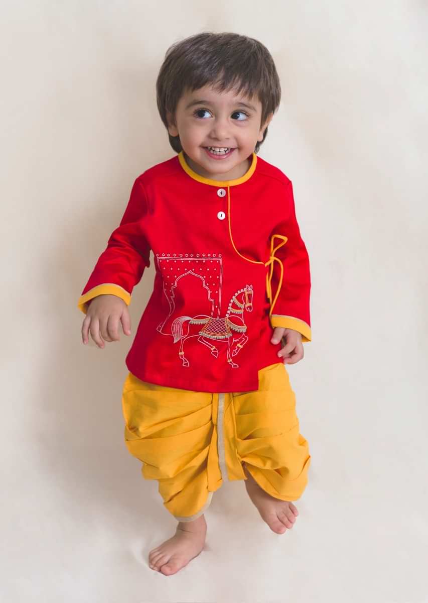 Kalki Boys Red Kurta And Yellow Dhoti Set In Cotton With Thread And Zari Embroidered Horse Motifs By Tiber Taber