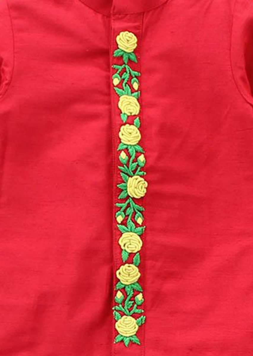 Red Kurta In Cotton With Rose Motif Embroidery Matched With Dhoti Pants Online - Kalki Fashion