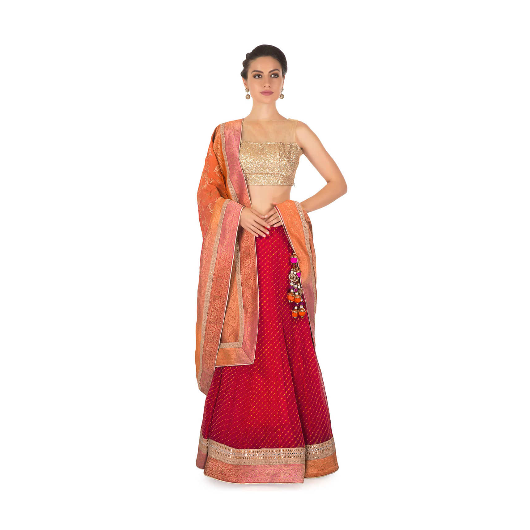 Red leherie georgette lehenga matched with red shaded brocade dupatta 