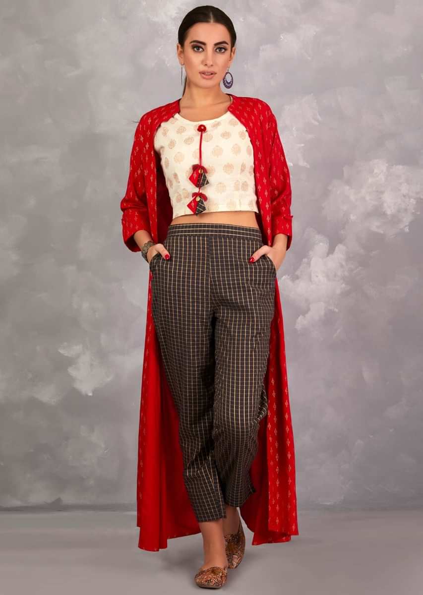 Red Tiered Thread Embroidered Jacket In Tulle With Lycra Cigarette Pants   Esha Sethi Thirani