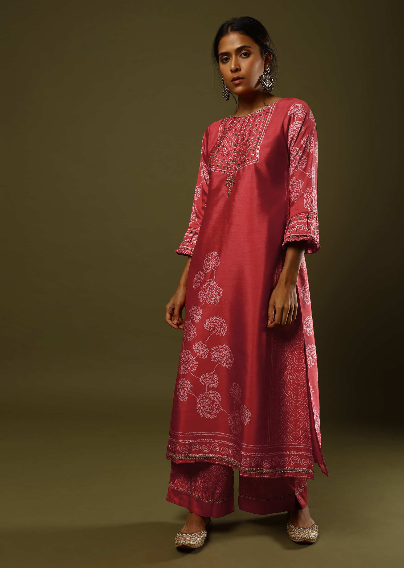 Red Palazzo Suit In Silk With Digital Printed Bandhani Motif And Foil Work  