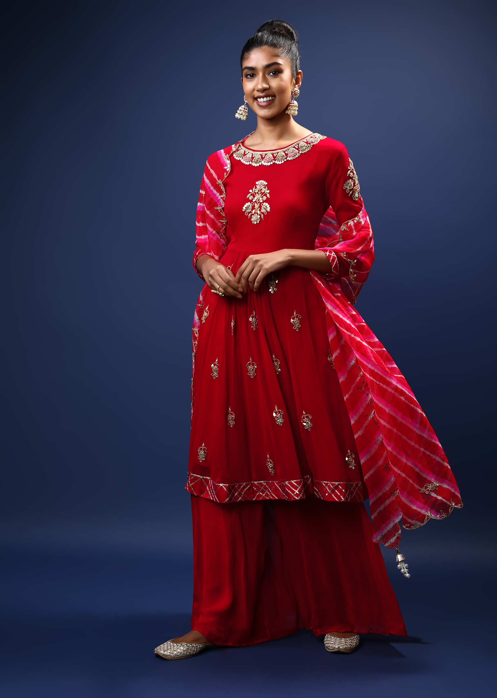 Red Palazzo Suit With A Lehariya Dupatta And Flared Kurti Adorned In Gotta Patti And Zardosi Work In Floral Butti Design  