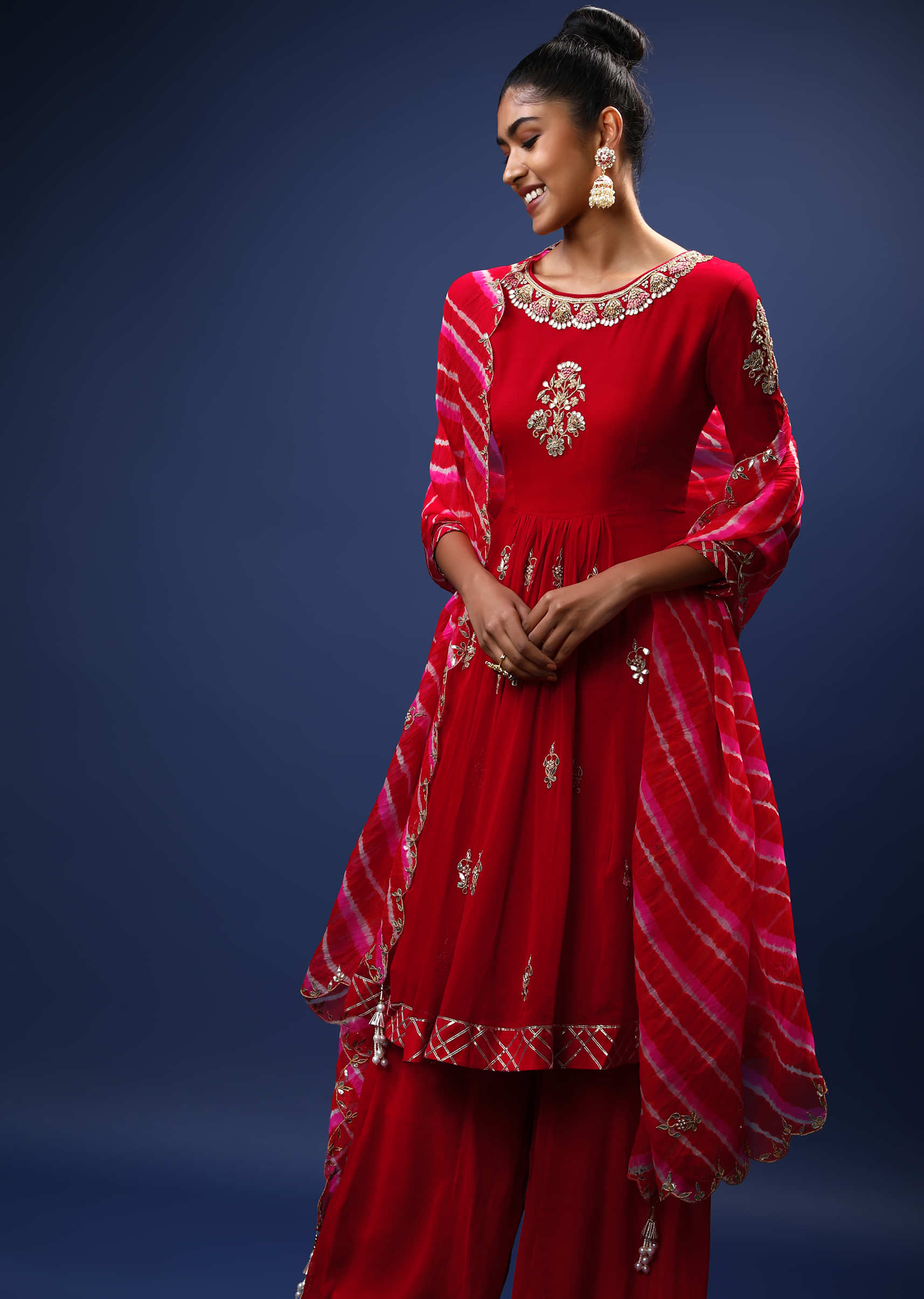 Red Palazzo Suit With A Lehariya Dupatta And Flared Kurti Adorned In Gotta Patti And Zardosi Work In Floral Butti Design  