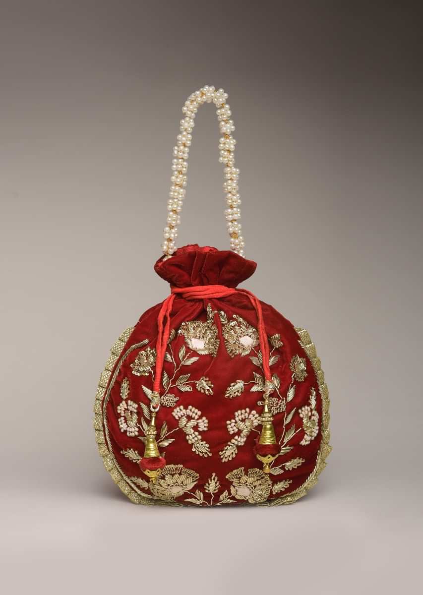 Red Potli Bag In Velvet With Hand Embroidered Floral Design Using Sequins And Zardosi