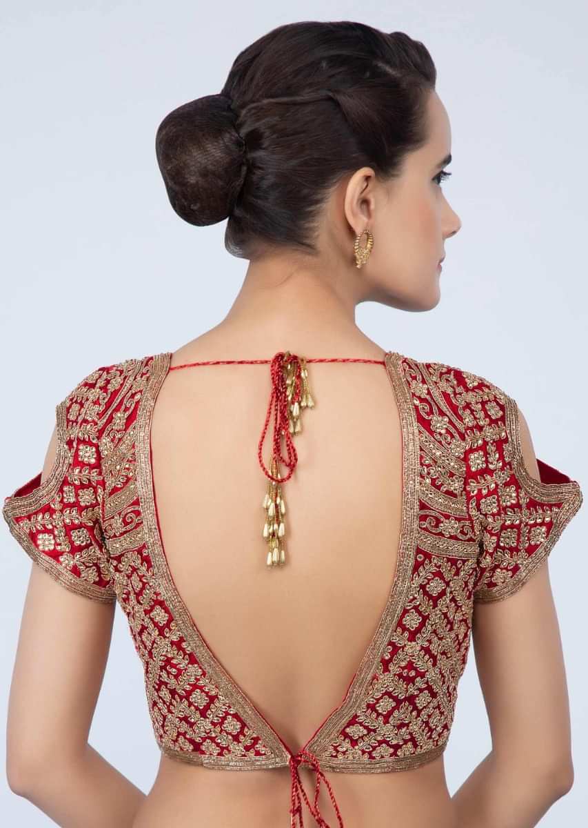 Red raw silk blouse with heavy zardosi and kundan work only on Kalki