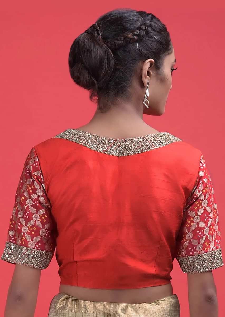 Red Raw Silk Blouse With Weaved And Bandhani Sleeves