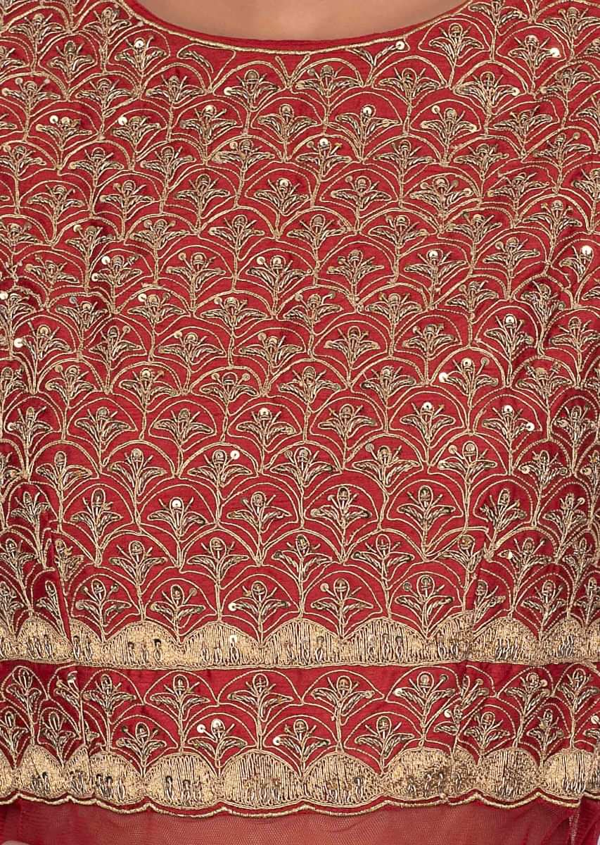 Red raw silk  brocade anarkali with yellow organza stitched dupatta only on kalki