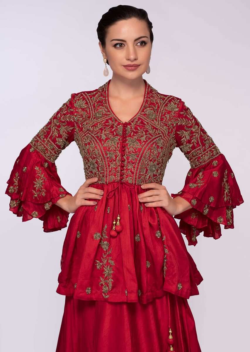 Red Lehenga In Raw Silk Paired With Peplum Style Blouse Online - Kalki Fashion