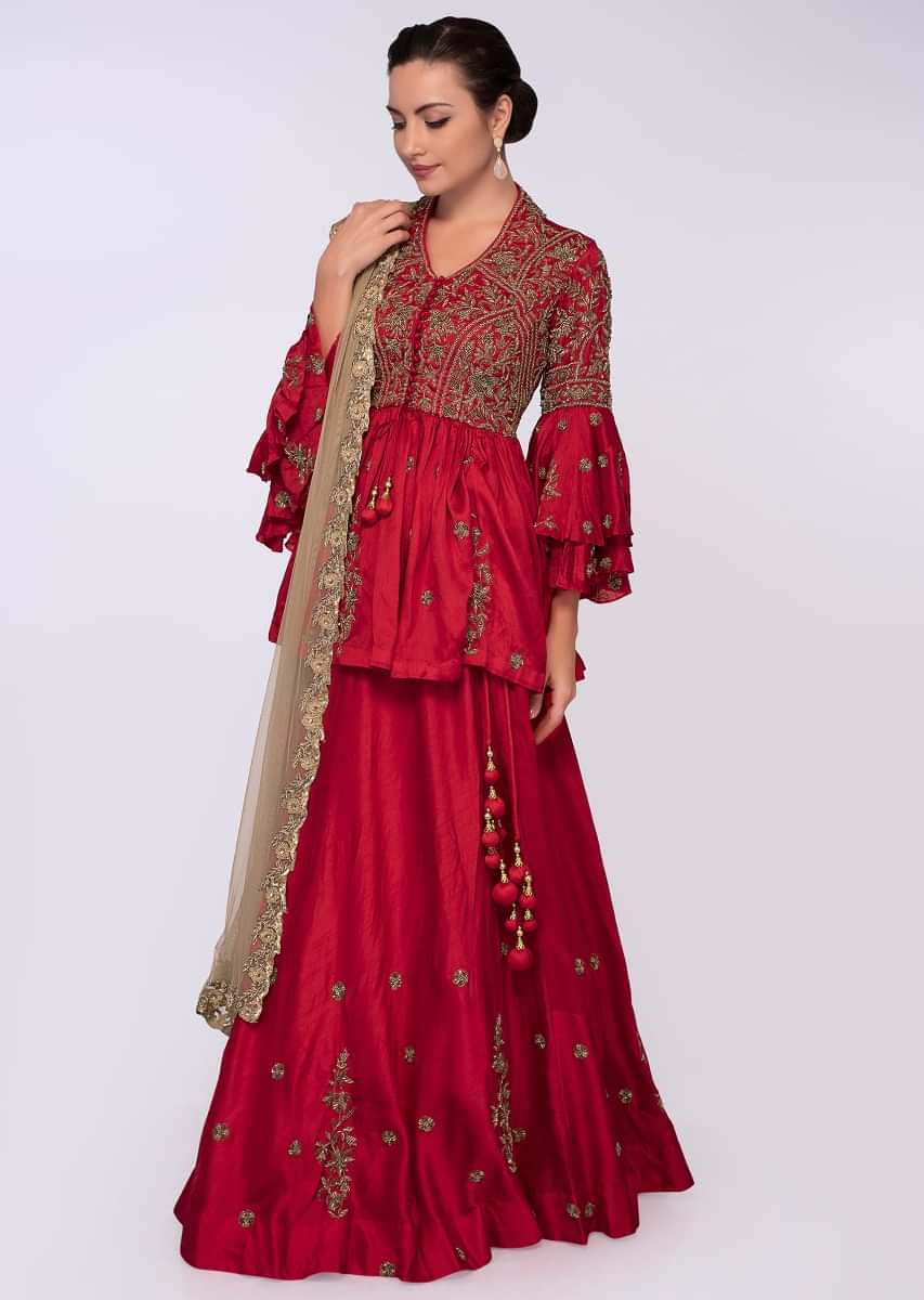 Red Lehenga In Raw Silk Paired With Peplum Style Blouse Online - Kalki Fashion