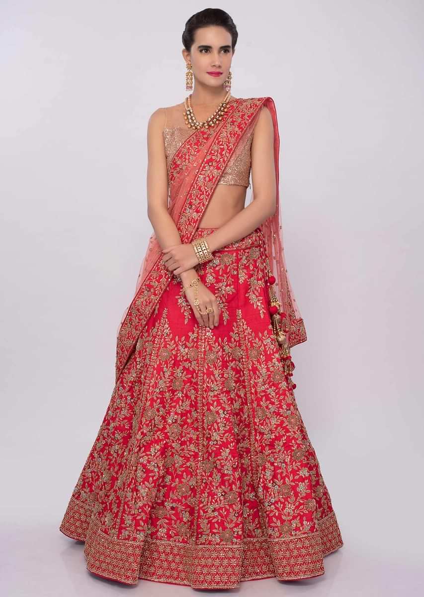 Red Lehenga In Raw Silk With Machine Embroidery In Floral Motif Online - Kalki Fashion
