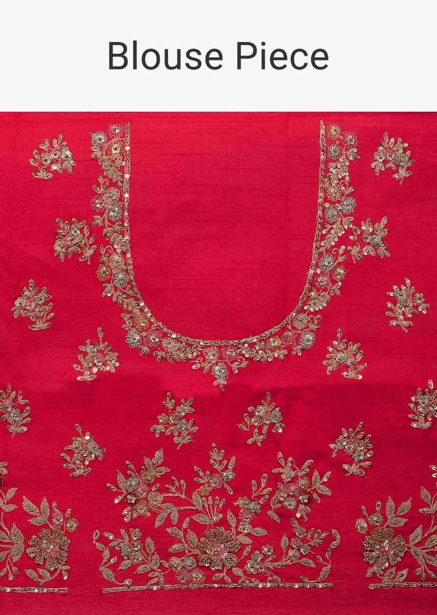 Red Lehenga In Raw Silk With Machine Embroidery In Floral Motif Online - Kalki Fashion