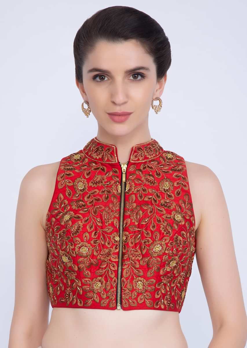 Red Blouse In Raw Silk With Mandarin Neck And Front Zip Opening Online - Kalki Fashion