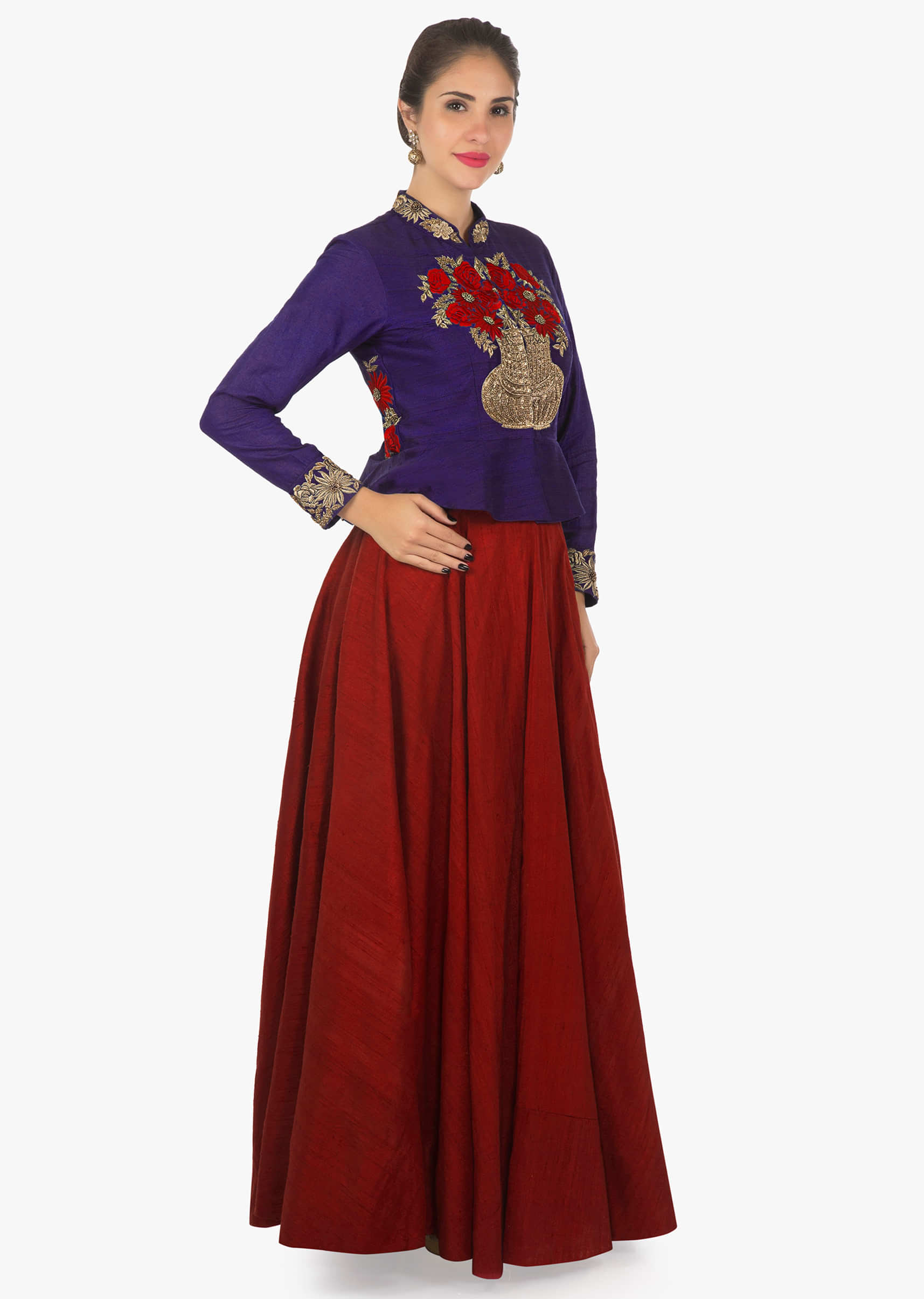 Red Skirt In Raw Silk And Persian Blue Full Sleeves Jacket With Resham And Zardosi Work Online - Kalki Fashion
