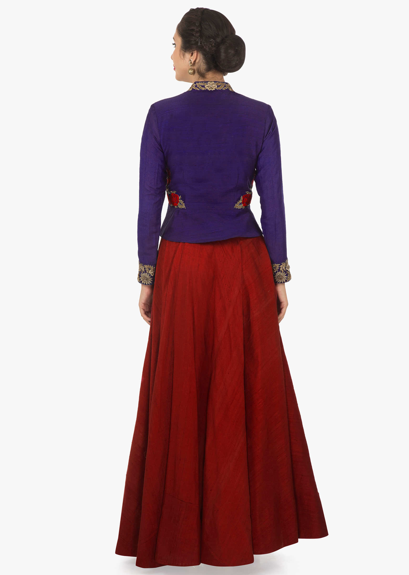 Red Skirt In Raw Silk And Persian Blue Full Sleeves Jacket With Resham And Zardosi Work Online - Kalki Fashion
