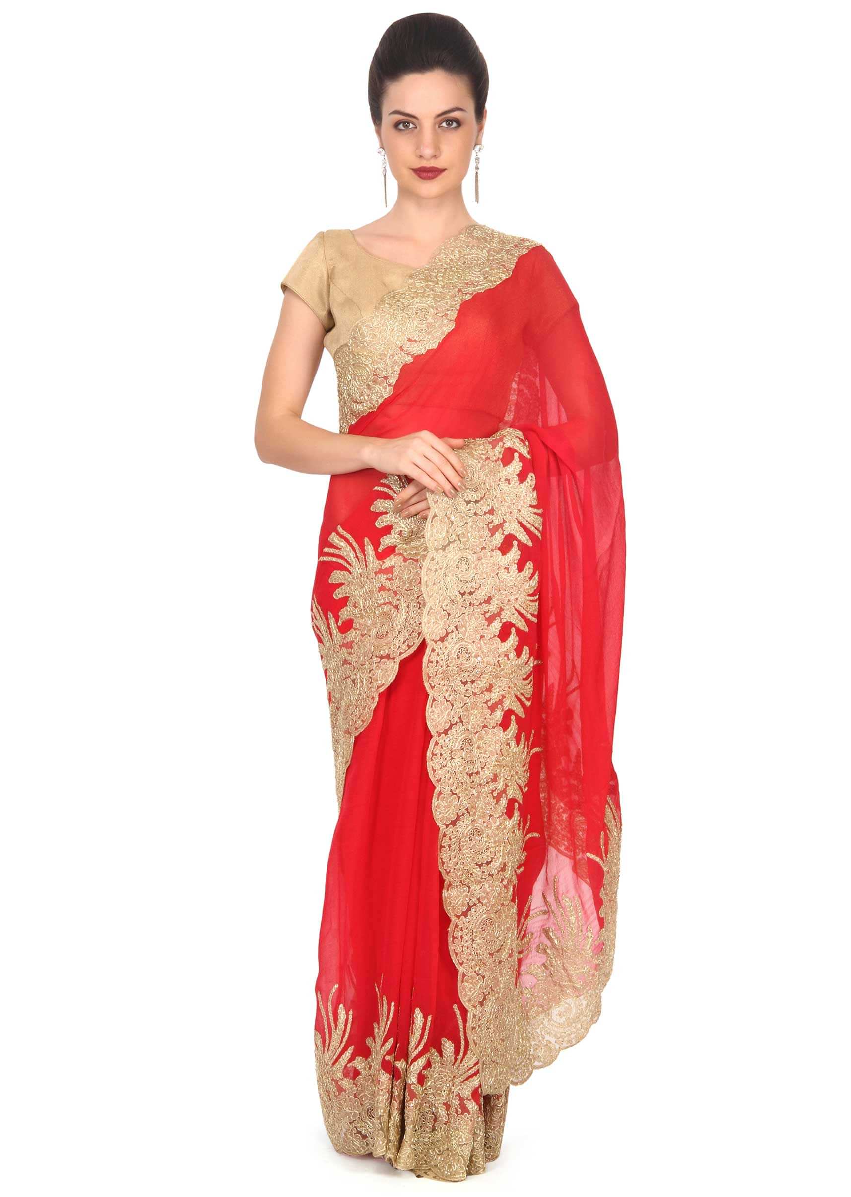 Red saree with zari and kundan embellished border only on Kalki