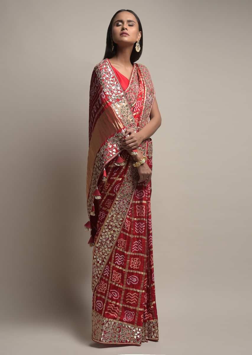 Red Saree With Bandhani And Gotta Work Along With Unstitched Blouse