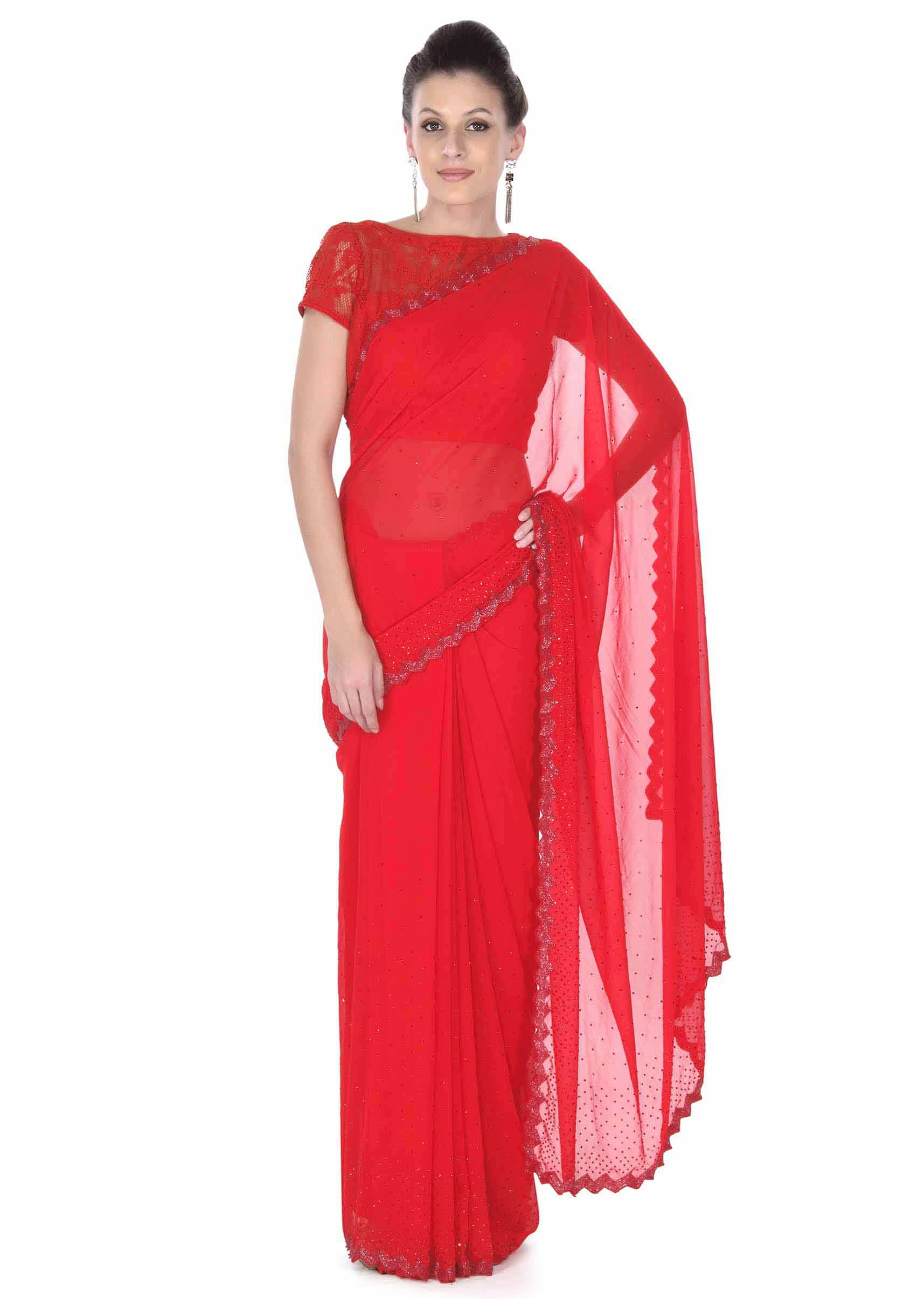 Red Saree With Kundan And Cut Dana Embroidered Border Online - Kalki Fashion