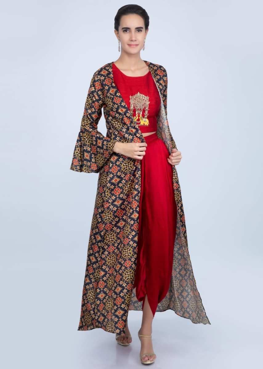 Red Dhoti Pant In Satin With Center Embroidered Crop Top And Navy Blue Long Jacket Online - Kalki Fashion