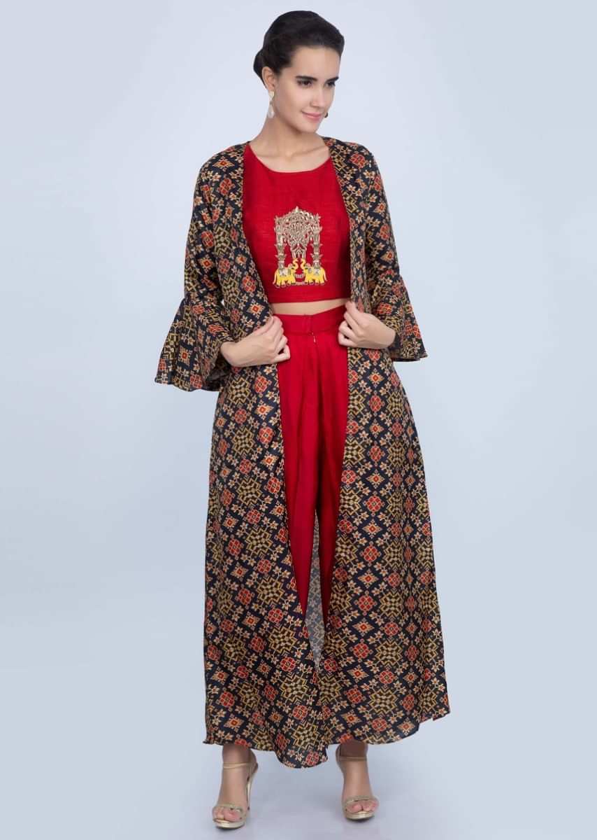 Red Dhoti Pant In Satin With Center Embroidered Crop Top And Navy Blue Long Jacket Online - Kalki Fashion