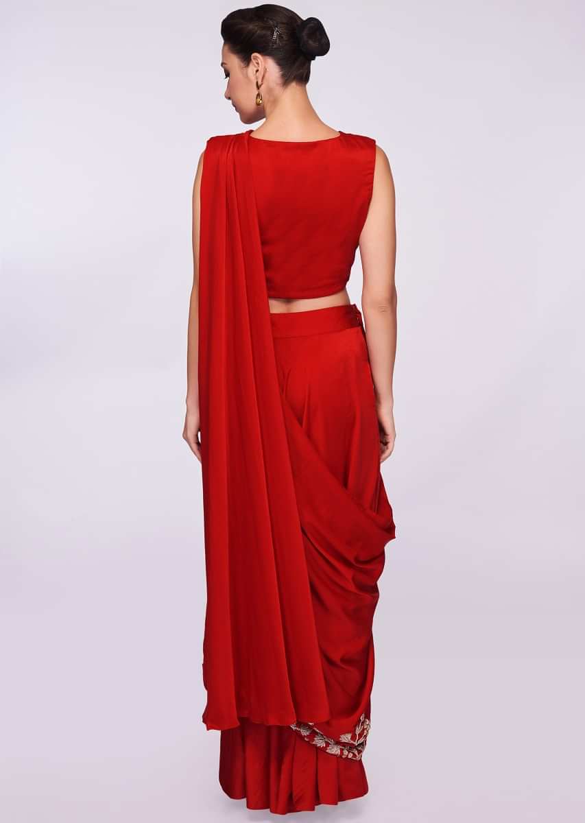 Red satin ready pleated saree with stitched pleats and pallo