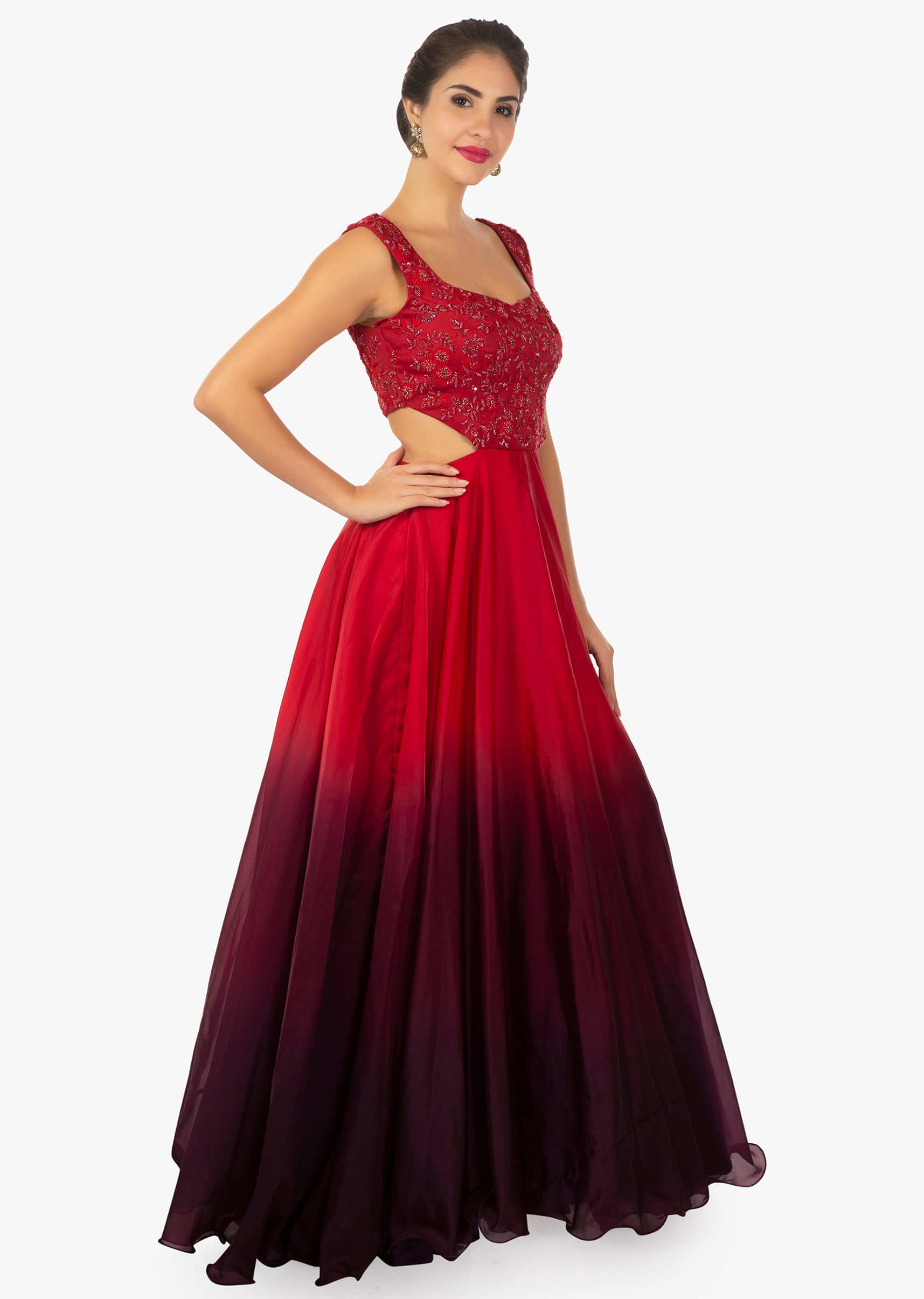 Red shaded organza gown crafted with hand embroidery on the bodice