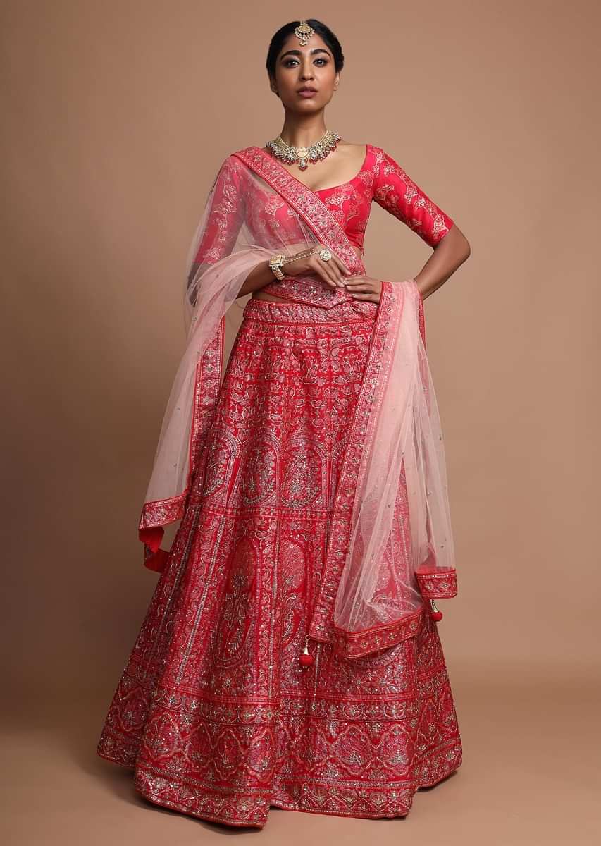 Red Silk Lehenga Choli With Floral Printed Peacock And Floral Motifs 