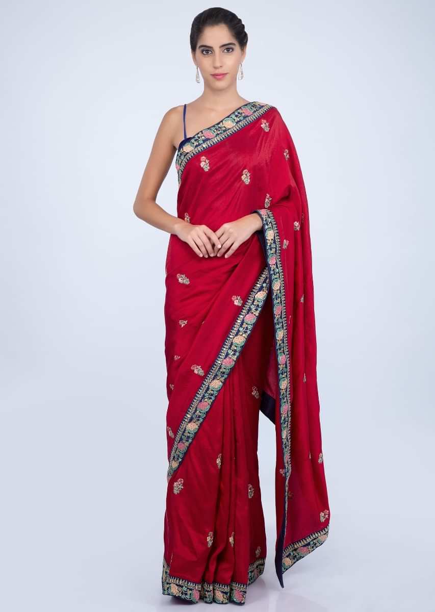 Red Silk Saree With Butti And Heavy Embroidered Border Online - Kalki Fashion