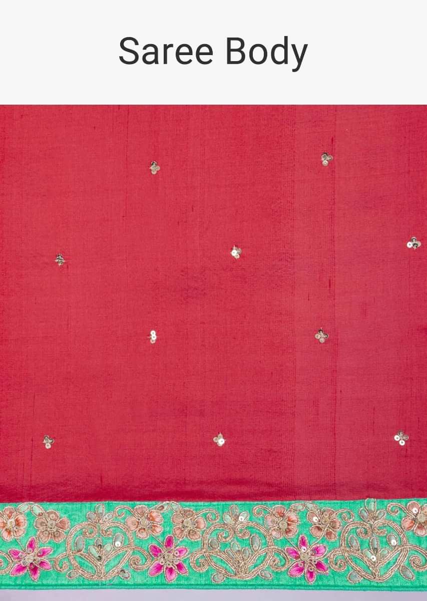 Red silk saree with embroidered butti and border only on Kalki