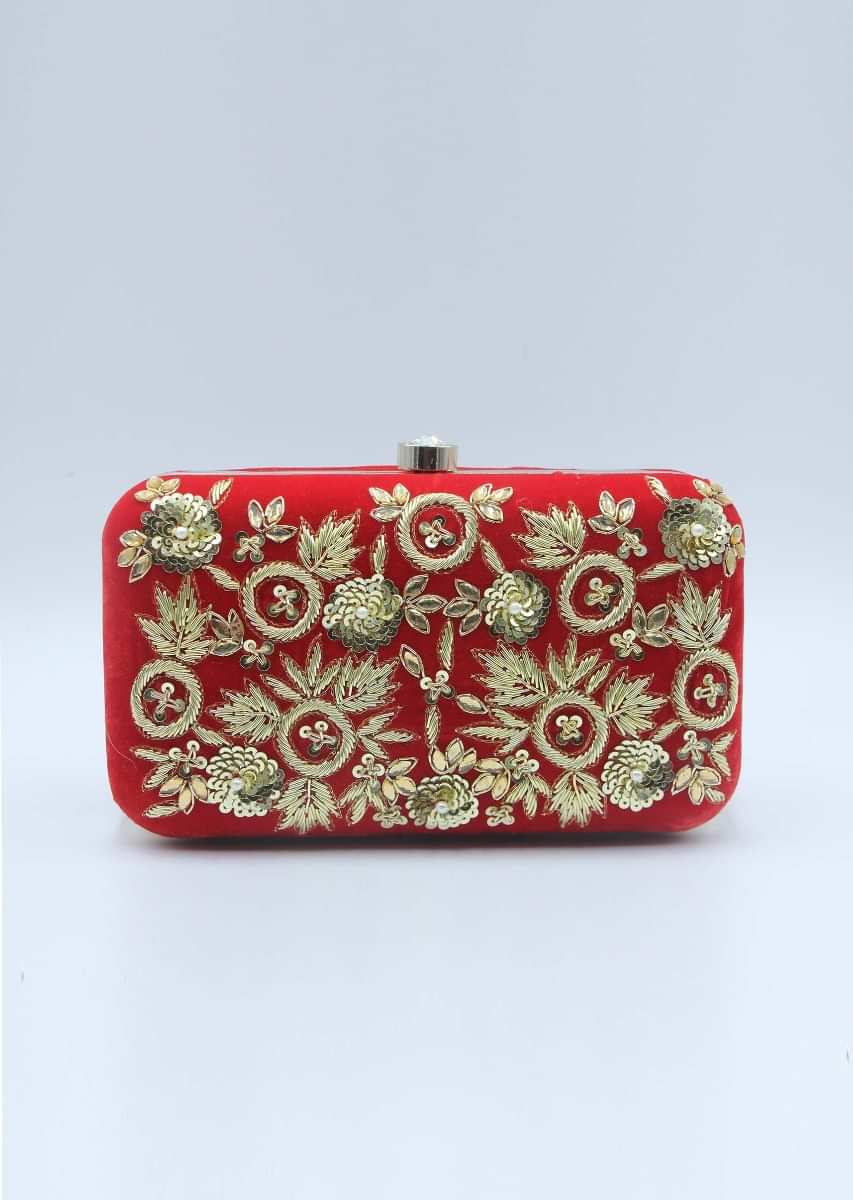 Red sling clutch bag embellished in zardosi floral embroidery 