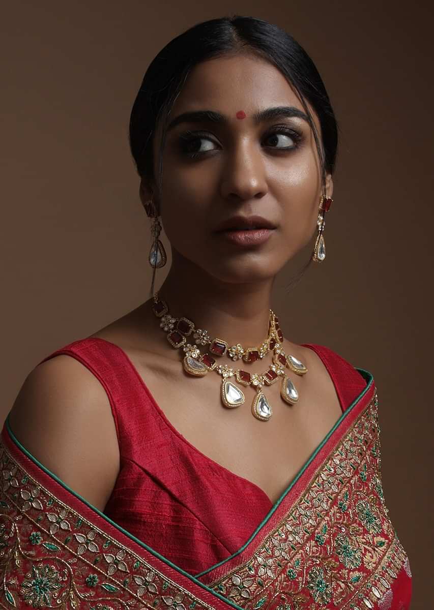 Red Stone Double Layer Choker Necklace and earring set With Kundan Flowers And Dangling White Stones Kohar By Kanika