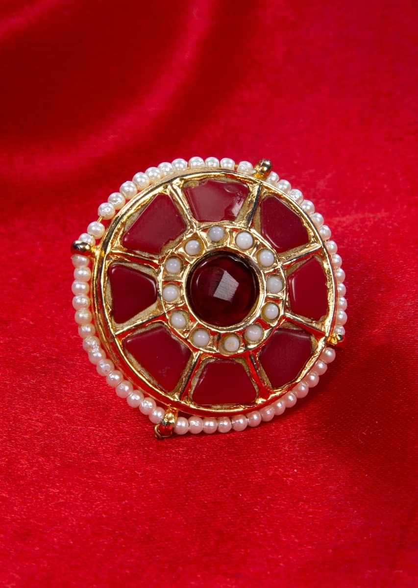 Red stone studded ring with moti highlight only on kalki