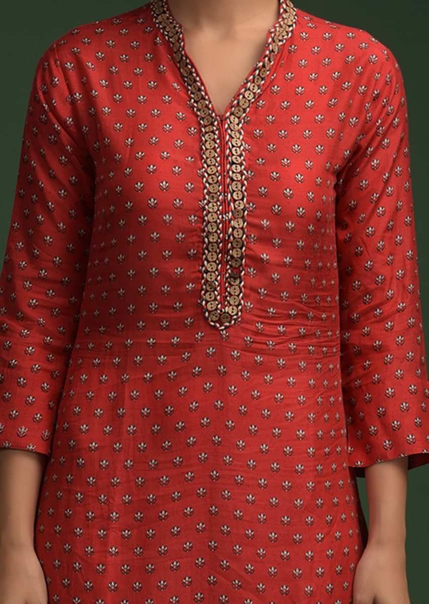 Red Straight Cut Kurti In Cotton With Printed Floral Buttis And Button Embroidery On The Placket Online - Kalki Fashion