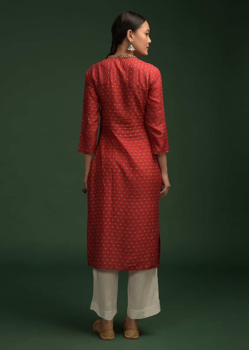 Red Straight Cut Kurti In Cotton With Printed Floral Buttis And Button Embroidery On The Placket Online - Kalki Fashion