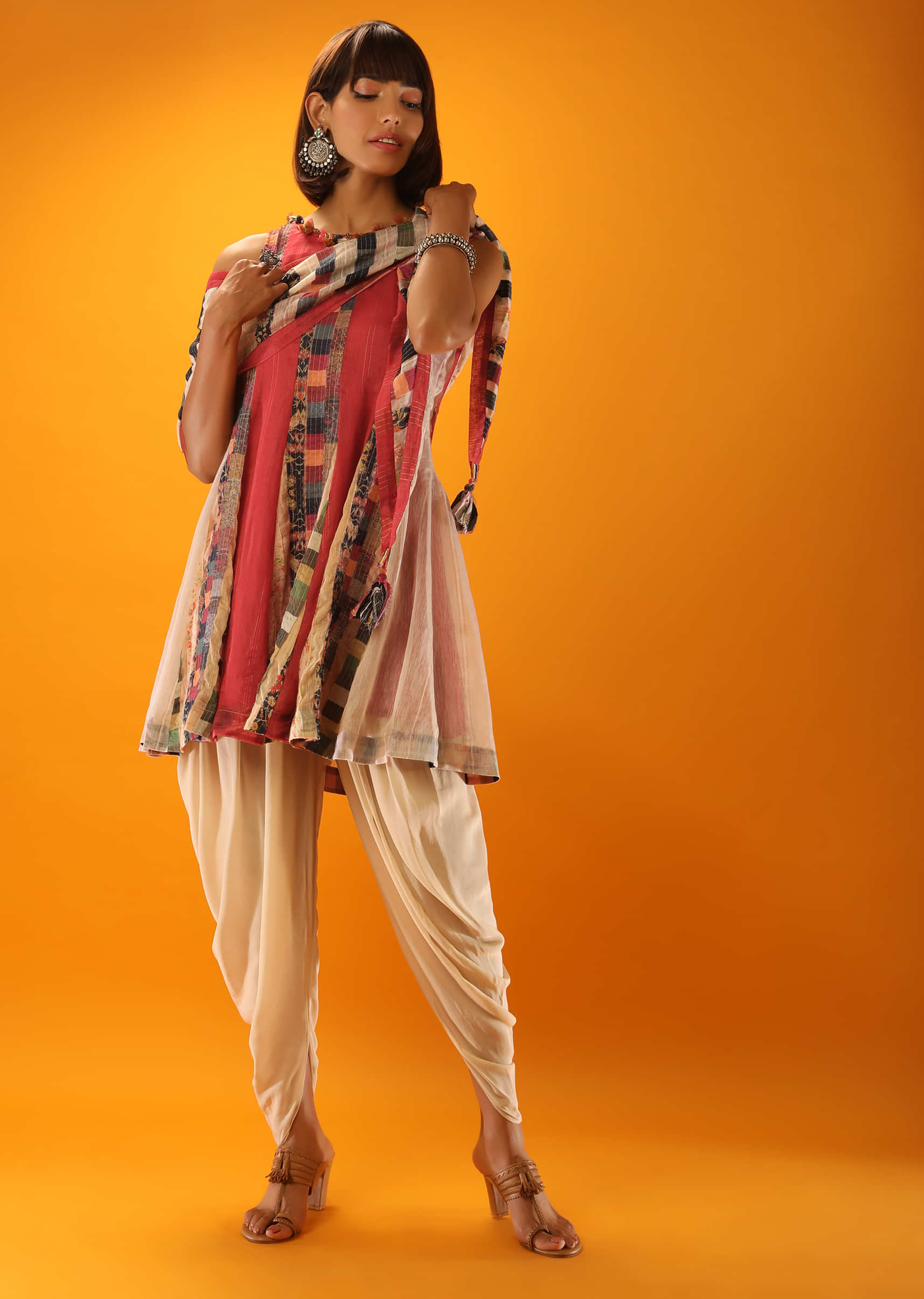 Red A Line Kurta And Cream Dhoti Set With Appliqued Stripes In Multi Colored Printed Fabric  