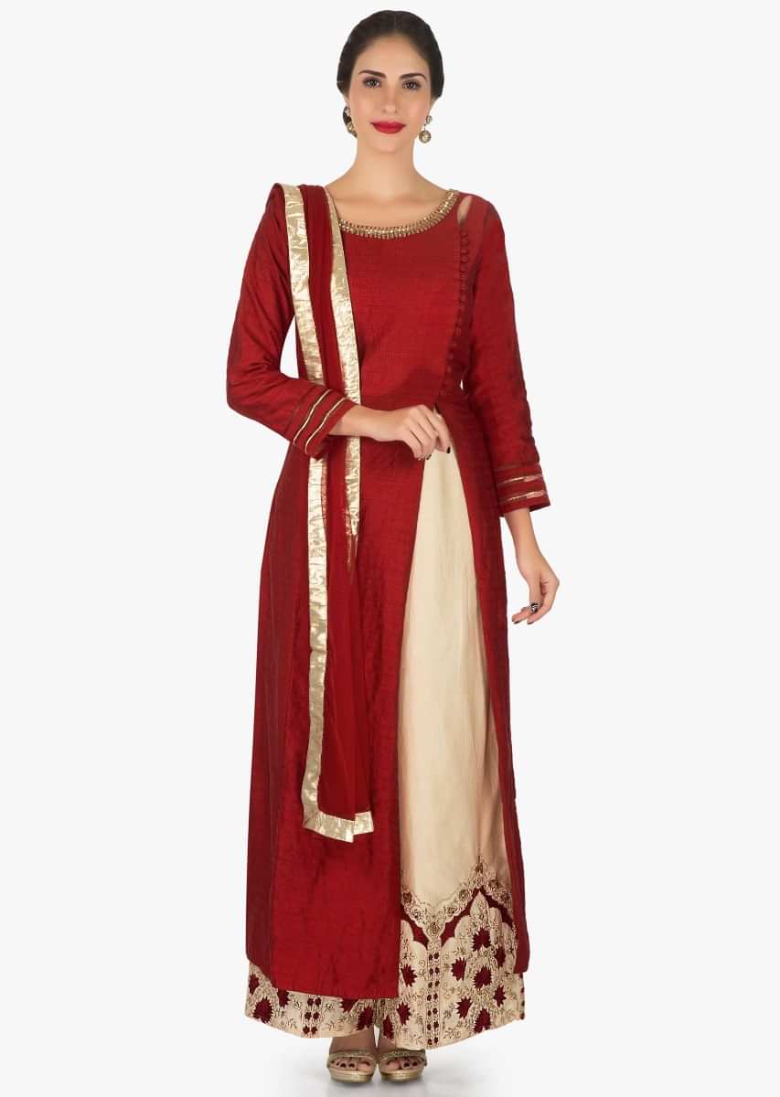Red anarkali palazzo suit embellished in cut dana and resham embroidery work only on Kalki