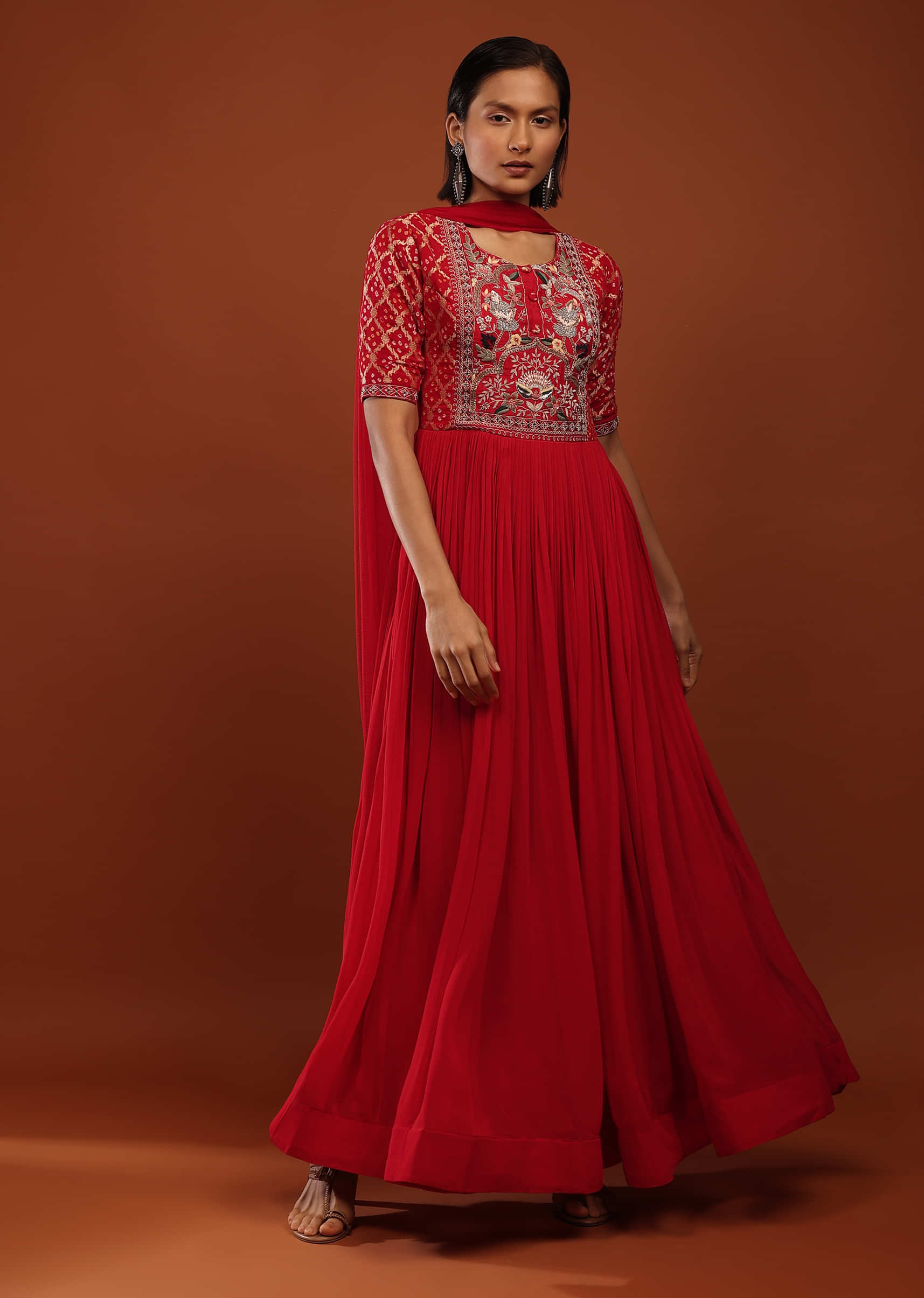 Red Anarkali Suit In Georgette With Bandhani Sleeves And Multi Colored Thread Work