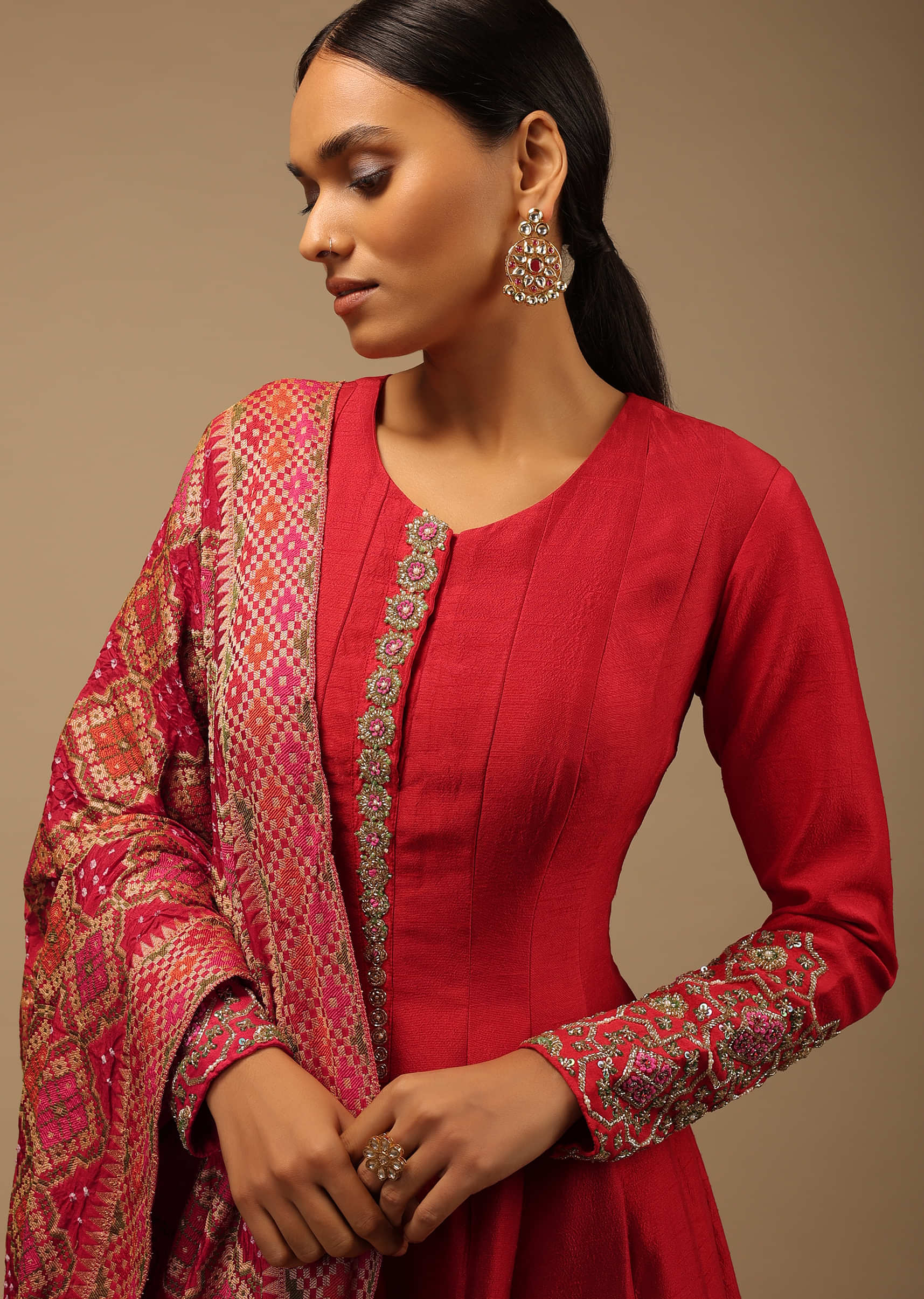 Red Anarkali Suit In Raw Silk With Hand Embroidery And A Brocade Dupatta Enhanced With Bandhani 