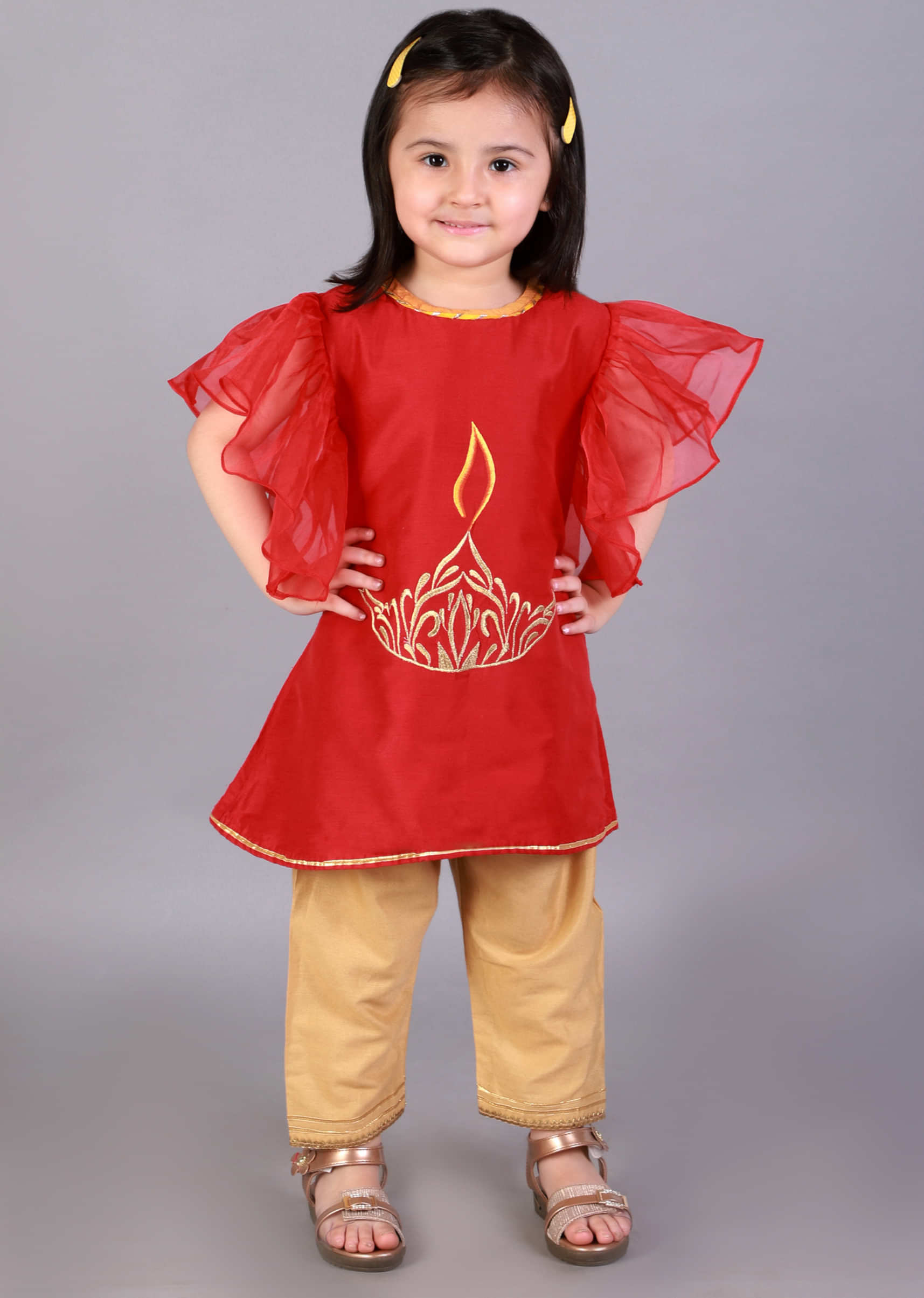 Kalki Girls Red And Beige Kurta Set With Organza Ruffles On The Sleeves And Embroidery Detailing