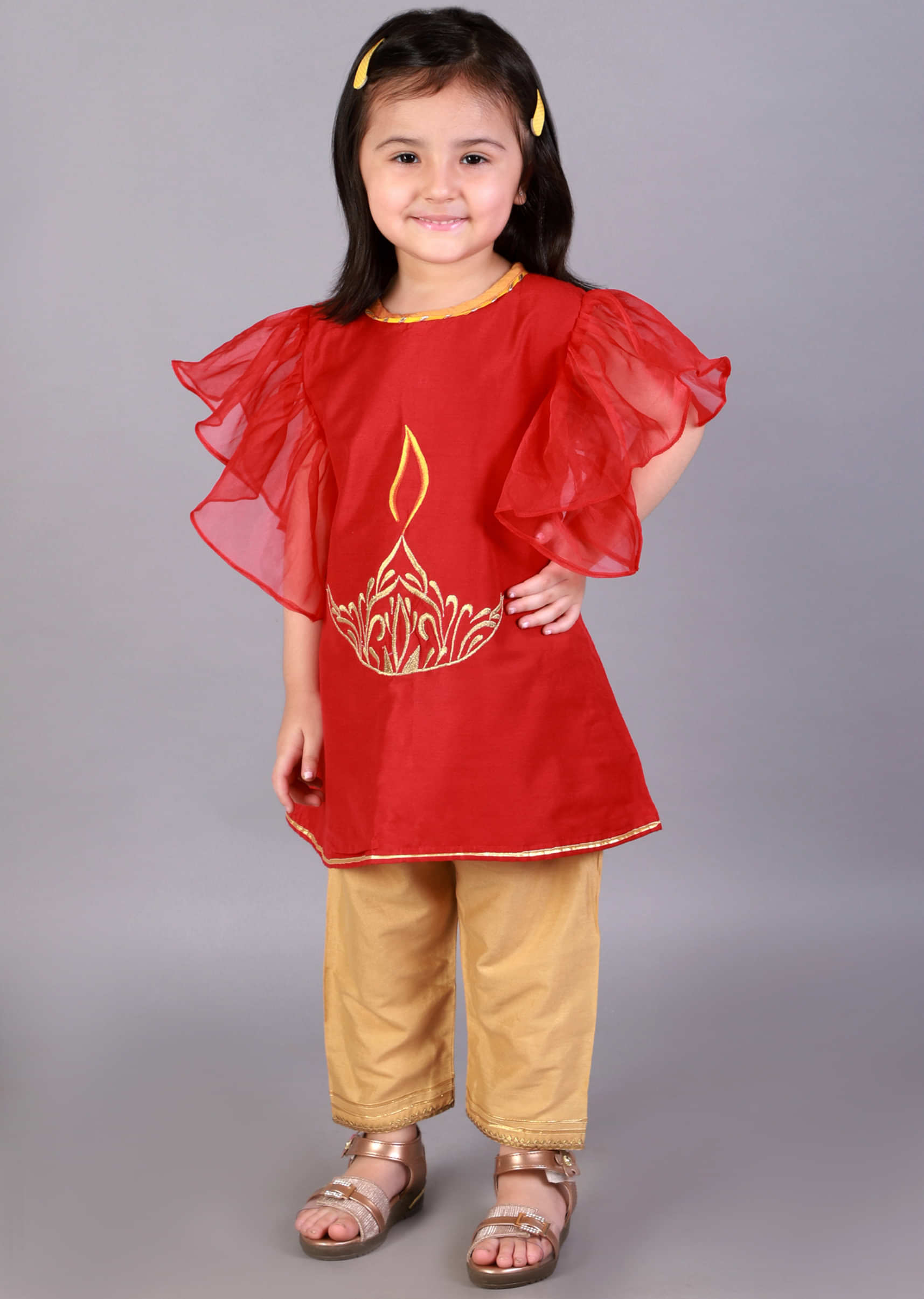Kalki Girls Red And Beige Kurta Set With Organza Ruffles On The Sleeves And Embroidery Detailing