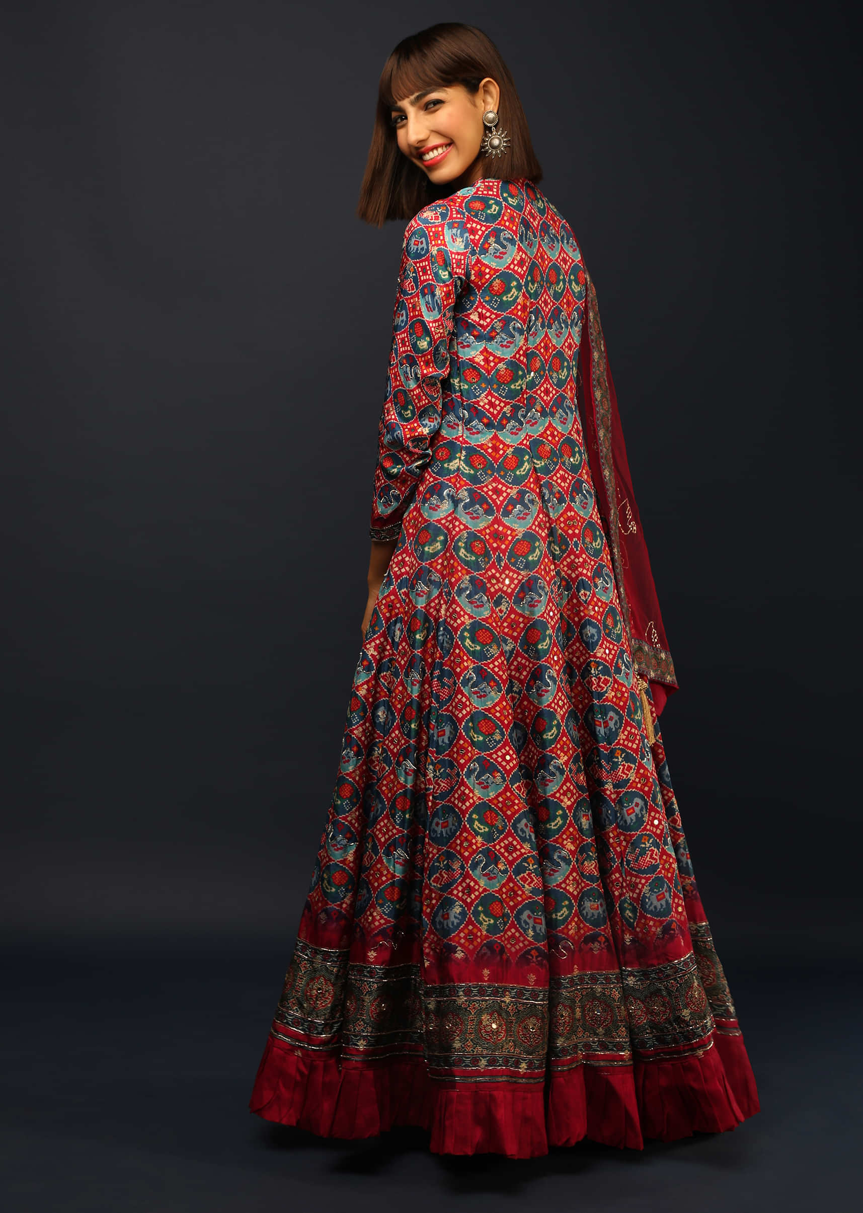 Red And Blue Anarkali Suit In Brocade Silk With Patola Print All Over  