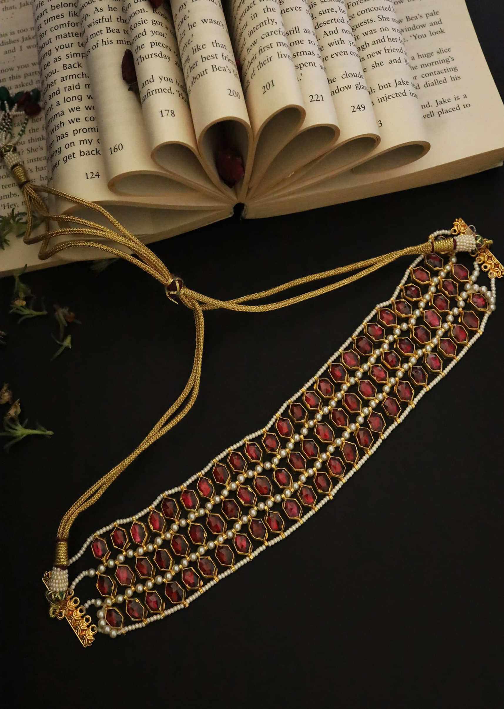 Red And Gold Choker Necklace With Four Rows Of Pearls And Hexagon Shaped Red Stones By Paisley Pop
