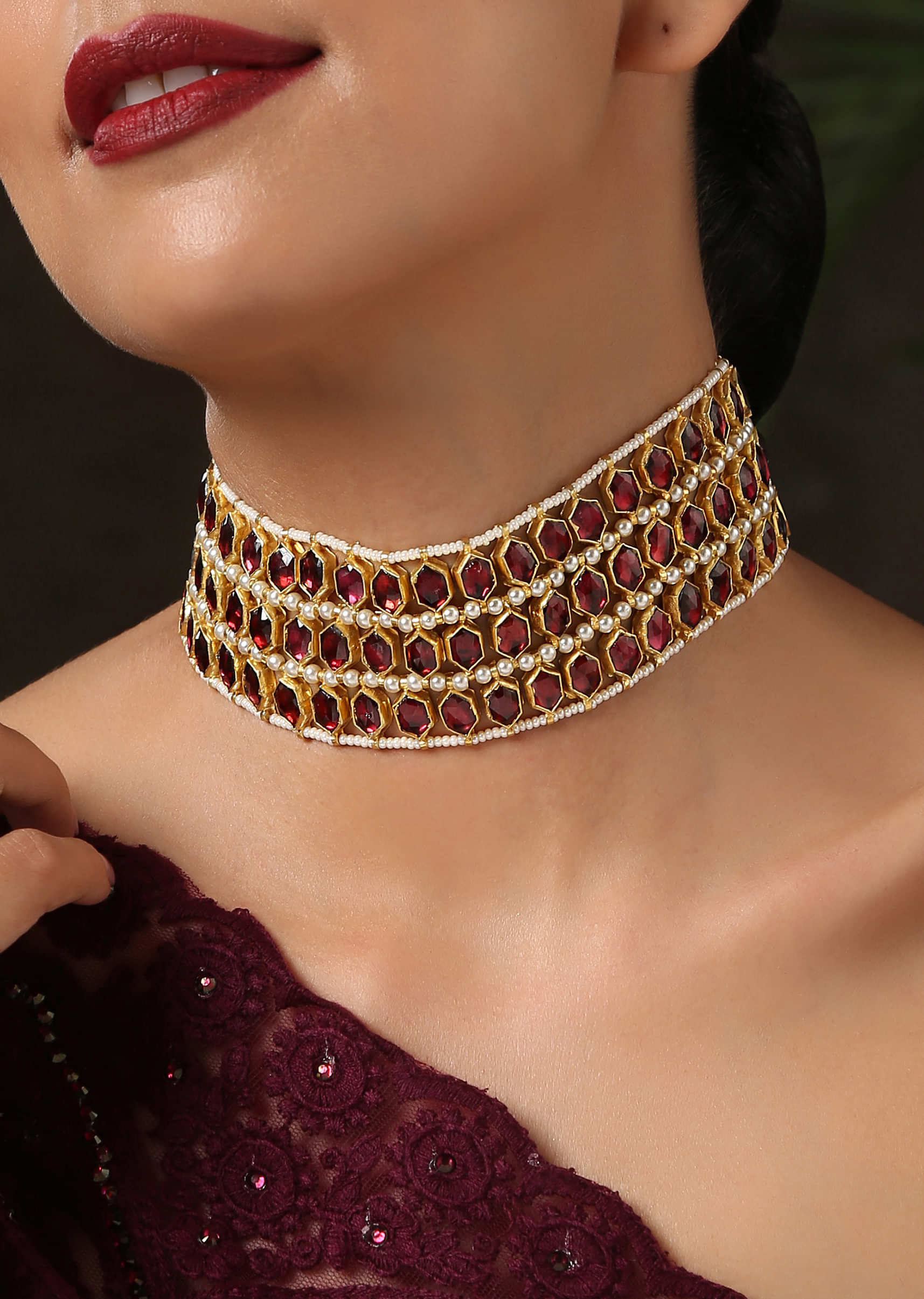 Red And Gold Choker Necklace With Four Rows Of Pearls And Hexagon Shaped Red Stones By Paisley Pop