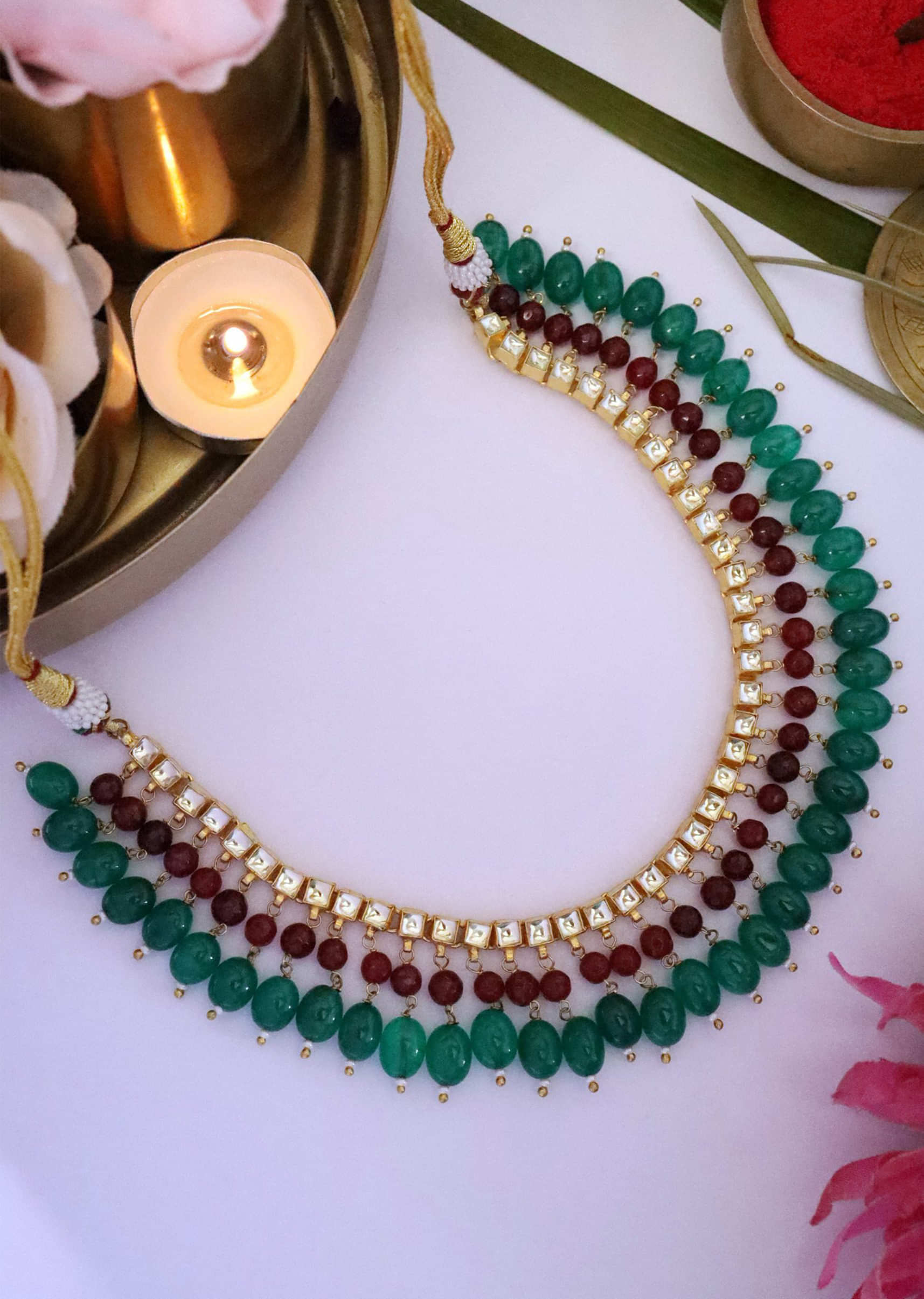 Red And Green Stones Embellished Collar Necklace With Kundan String By Paisley Pop