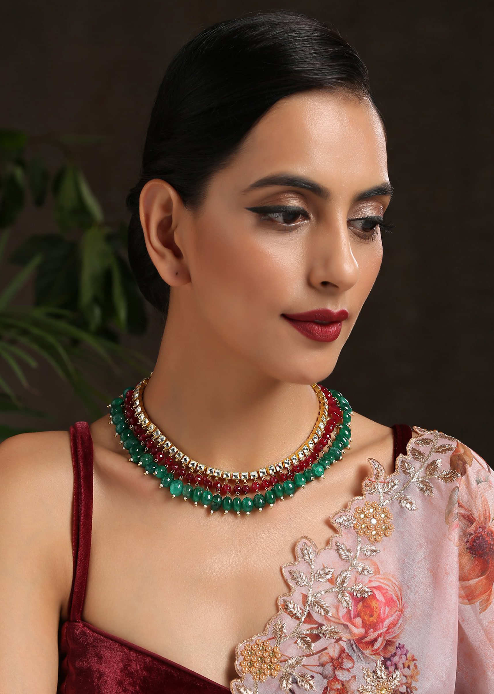 Red And Green Stones Embellished Collar Necklace With Kundan String By Paisley Pop