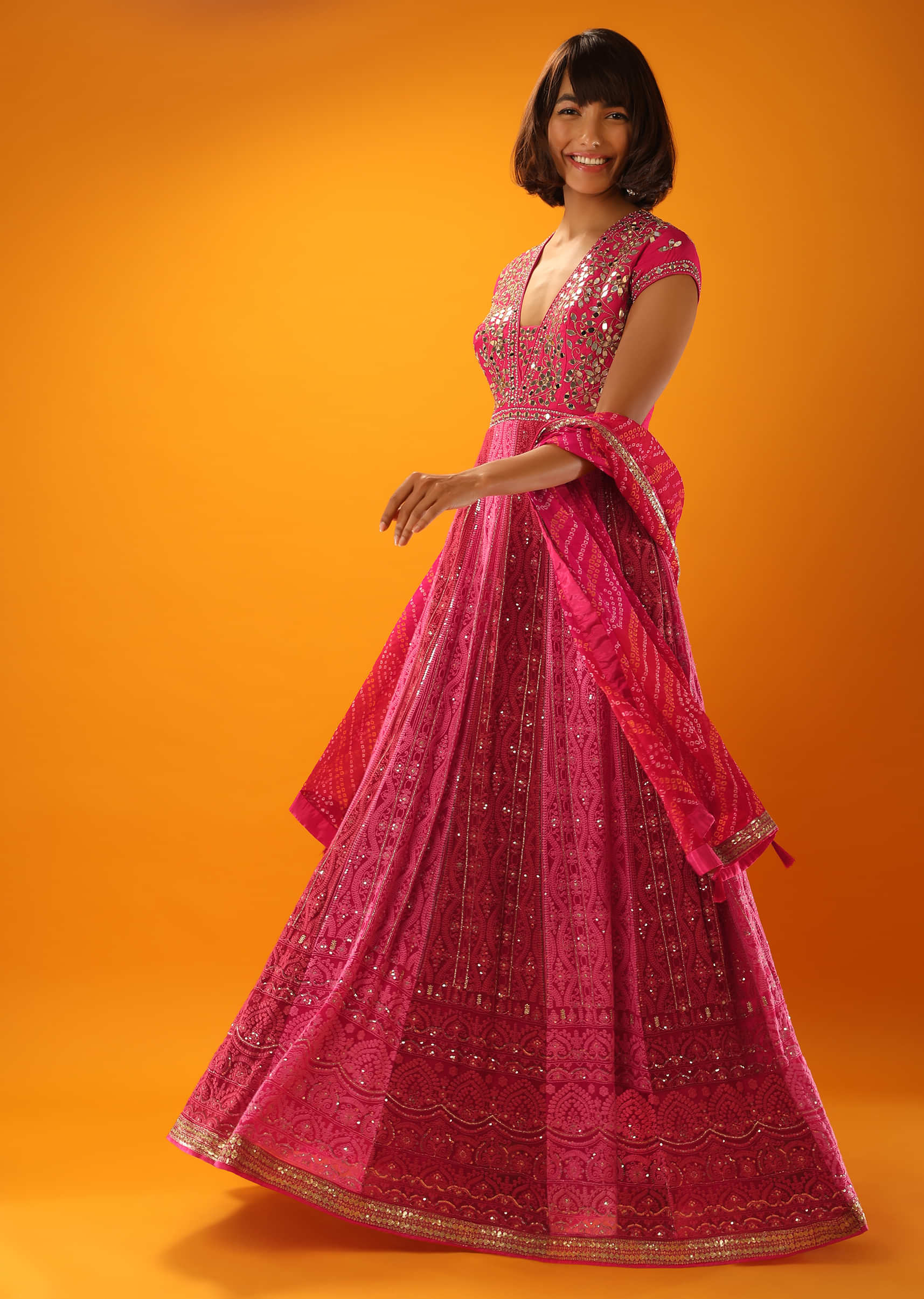Red And Magenta Anarkali Suit With Lucknowi Thread Embroidered And Mirror Accents  